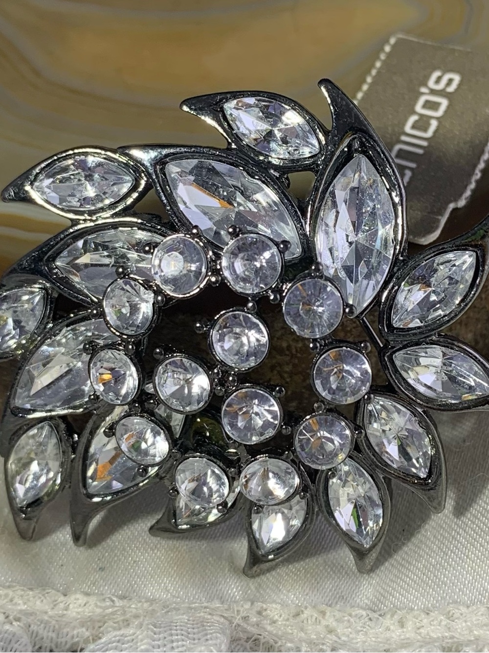 Chico's Clear Crystal Floral Brooch in Metallic Black-SilverNew with tag.